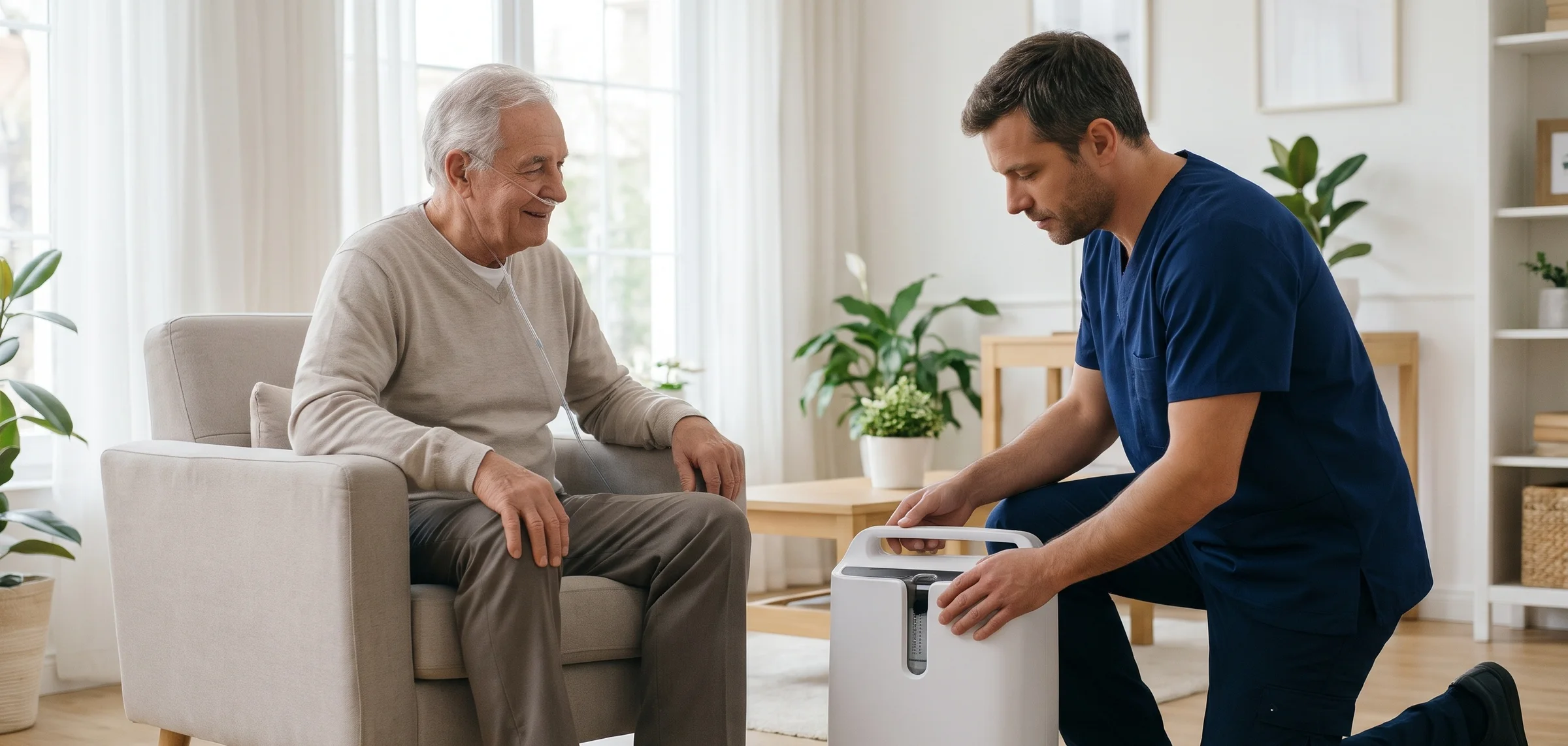 Técnico de CIRCUMED instalando un concentrador de oxígeno en la casa de un paciente